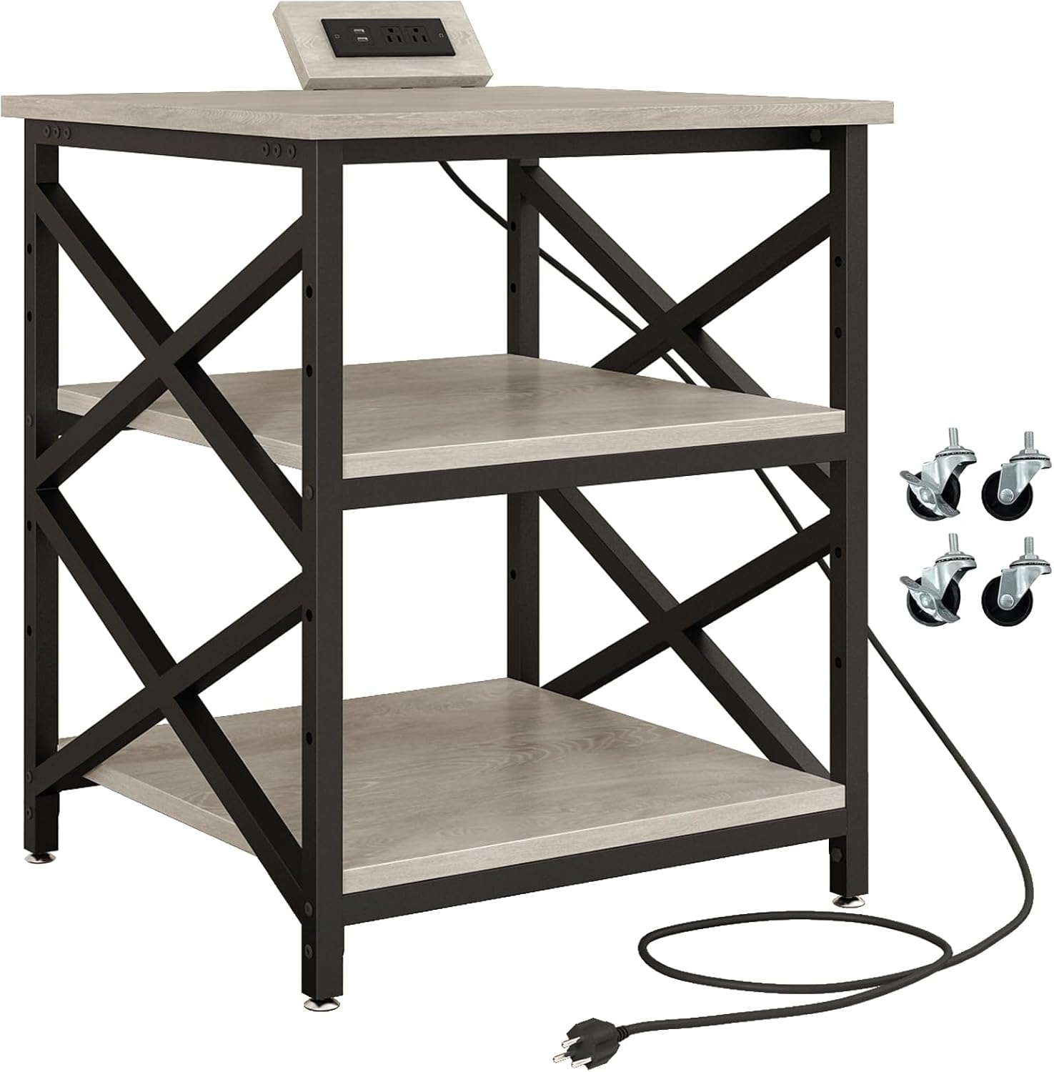 METYERRY Large Printer Stand with Power Outlet, with Height Adjustable Storage Shelf, 3 Tier Rolling Printer Cart with Industrial Wheels, 23.6 x 23.6 Inches Printer Table for Home Office, Greige