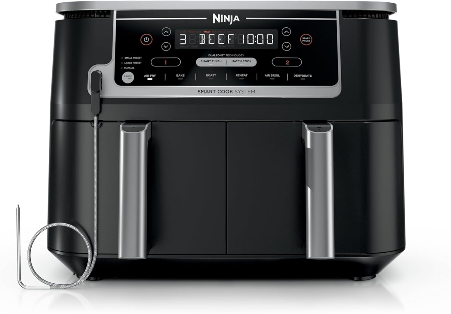 Ninja Foodi Air Fryer w/ Smart Cook Thermometer | 6-in-1 Air Fry, Roast, Bake, Dehydrate & More | DualZone™ Match Cook & Smart Finish, 2 Independent Baskets | XL 10 Qt, Stainless Steel | Black, DZ550
