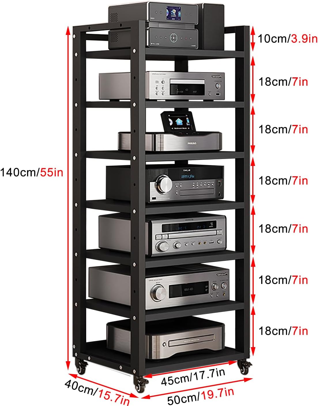 7-Tier Heavy Duty Audio Component Rack, 140cm Tall - HiFi Amplifier Rack/Audio-Video Shelving - CD Record Player Stereo Receiver AV Equipment Cabinet Display Stand(C)