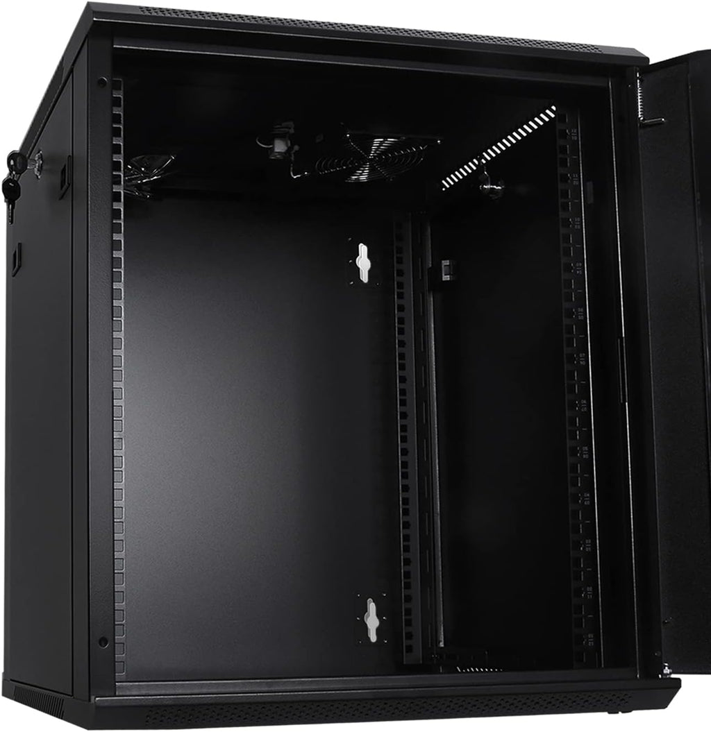 RackPath 12U Wall Mount Server Cabinet Network Rack Enclosure, Quiet Cooling Fan, Perforated Door, Black