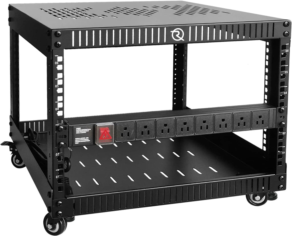 RIVECO 6U Network Rack with Reinforced Top & Bottom Vented Plates- 4 Rolling Wheels Floor Standing Rack for 19' Equipment & Stereo Gear- Including Basic Rail Mount PDU Power Strip