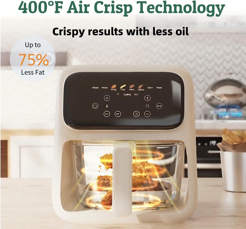 8-1 Glass Air Fryer | Non-Toxic | 400°F | 4QT TempWare Glass Bowl | Freezer & Dishwasher Safe | Wings，Steak，Fries & More | Air Fry Bake Roast Recrisp | Light Pinkish Beige
