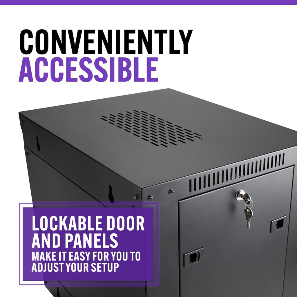 On-Stage RKD9000 9U Wall-Mount Knock-Down Rack (Enclosed Steel Cabinet for Rack-Mount Components, Portable, Mountable, Vented, Lockable Doors, Port Knockouts, Casters, Rubber Feet, Flat Packed, Black)