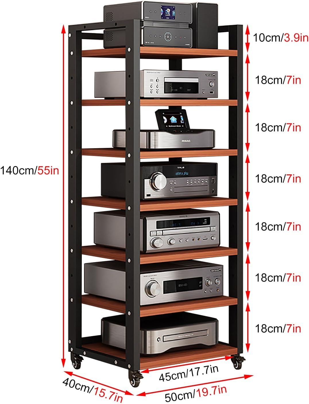 7-tier Av Media Stand, Audio Rack With Adjustable Shelves, Stereo Racks And Stands With Wheels, Stereo Rack For Home, Office, Theater(A)