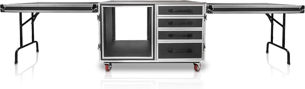 Sound Town Heavy-Duty 1/2' (12mm) Plywood Shock Mount 12U Workstation Rack Case with 4 Drawers and 2 Tables for Customizable Stage and Studio Equipment Storage, Pro Tour Grade (STRC-SP12U4DT2)