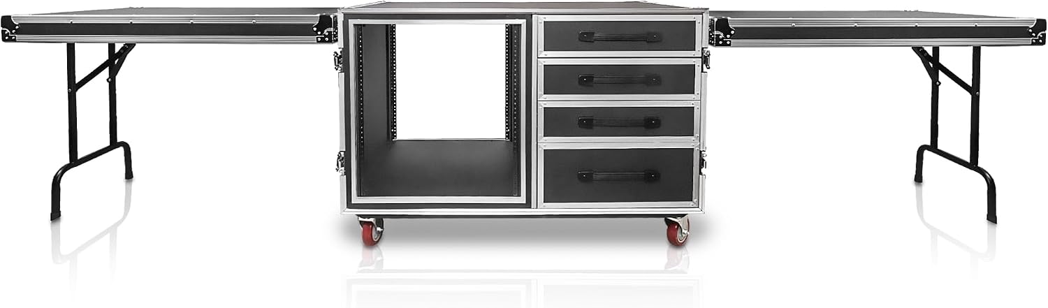 Sound Town Heavy-Duty 1/2' (12mm) Plywood Shock Mount 12U Workstation Rack Case with 4 Drawers and 2 Tables for Customizable Stage and Studio Equipment Storage, Pro Tour Grade (STRC-SP12U4DT2)