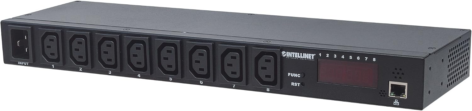 Intellinet 19 inch Intelligent 8-Port PDU – Power Distribution Unit, Rackmountable, Monitors Power Temperature Humidity, Digital Display – 3 Yr Mfg Warranty – 163682