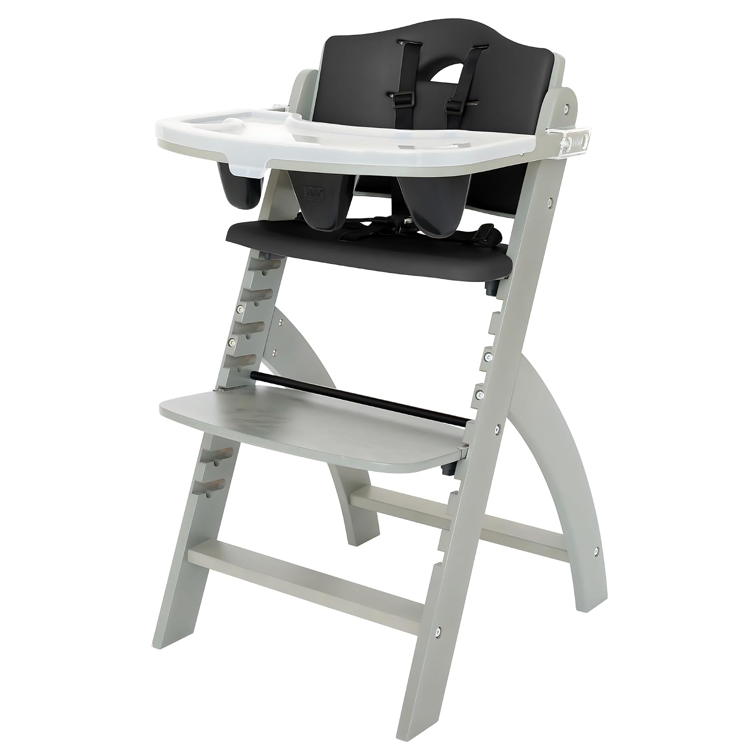 Abiie Beyond Junior Wooden High Chair for Babies and Toddlers - Convertible 3-in-1 Baby Highchair with Removable Tray - 6 Months to 250 Lb - Water Resistant - Misty Grey Wood/Black Pearl Cushion