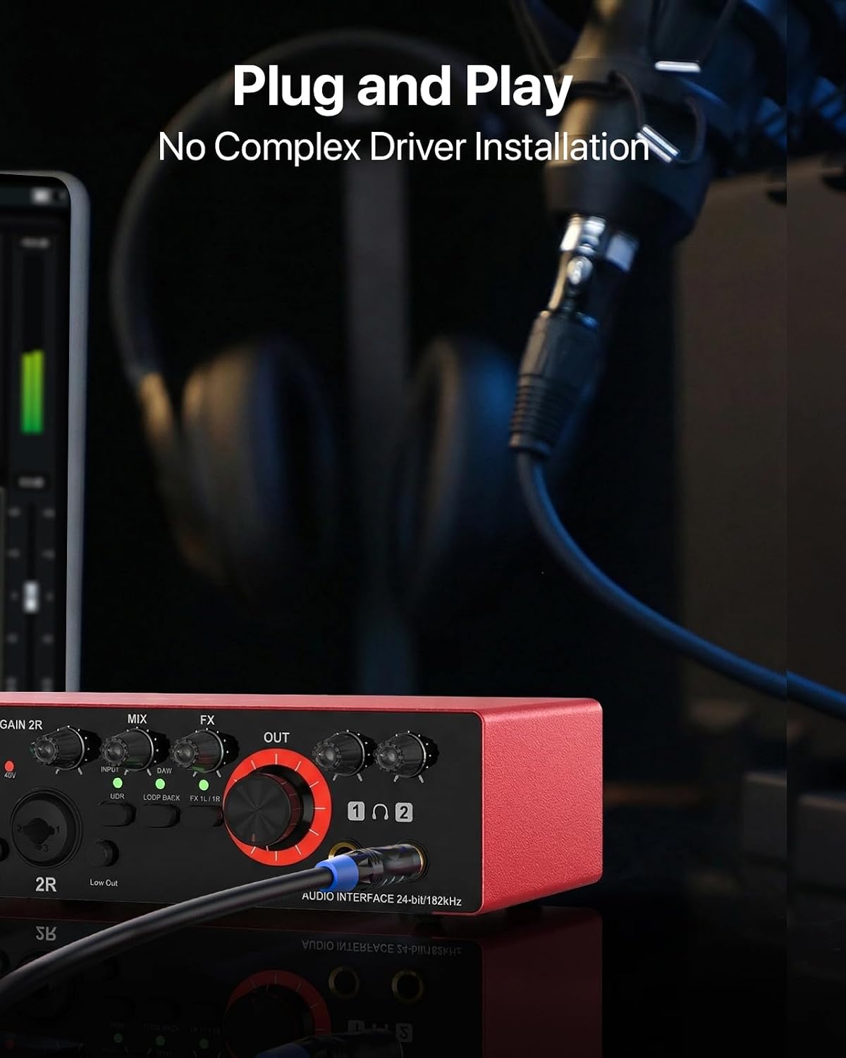 4x4 USB-C Audio Interface for PC & Mac - 24-bit/192kHz Studio Recording, 4 Combo Inputs (XLR/TRS), 4 TRS Outputs, 48V Phantom Power, FX Effects for Podcast/Streaming (Matte Red)