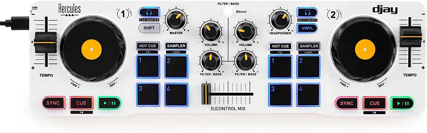 Hercules DJControl Mix – Bluetooth Wireless DJ Controller for Smartphones (iOS and Android) – dJay app – 2 Decks, White