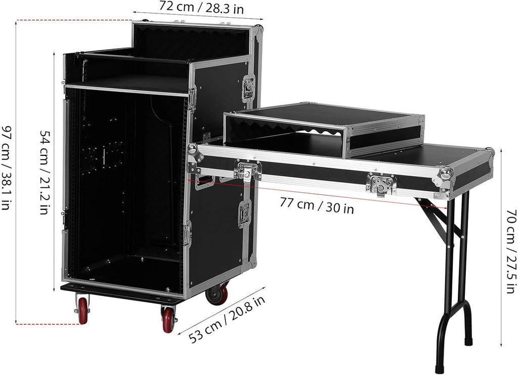 16U Dj Audio Rack, Recording Studio Rack with Top Mixer Workbench, 4 Casters,Two Foldable Dj Bench and Sliding Drawer for Stage Performance and Equipment Storage 38.18 * 28.34 * 20.86in