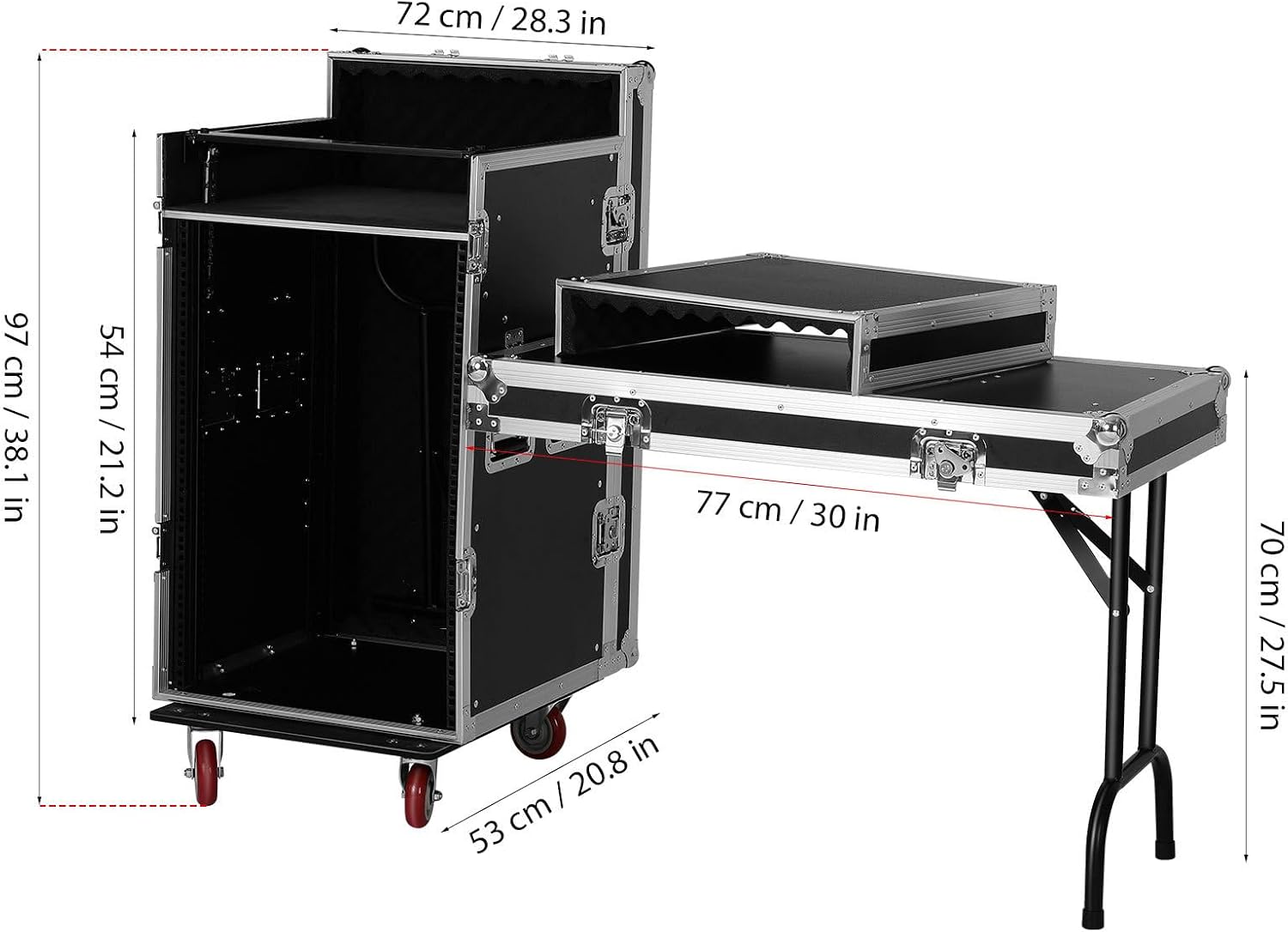 16U Dj Audio Rack, Recording Studio Rack with Top Mixer Workbench, 4 Casters,Two Foldable Dj Bench and Sliding Drawer for Stage Performance and Equipment Storage 38.18 * 28.34 * 20.86in