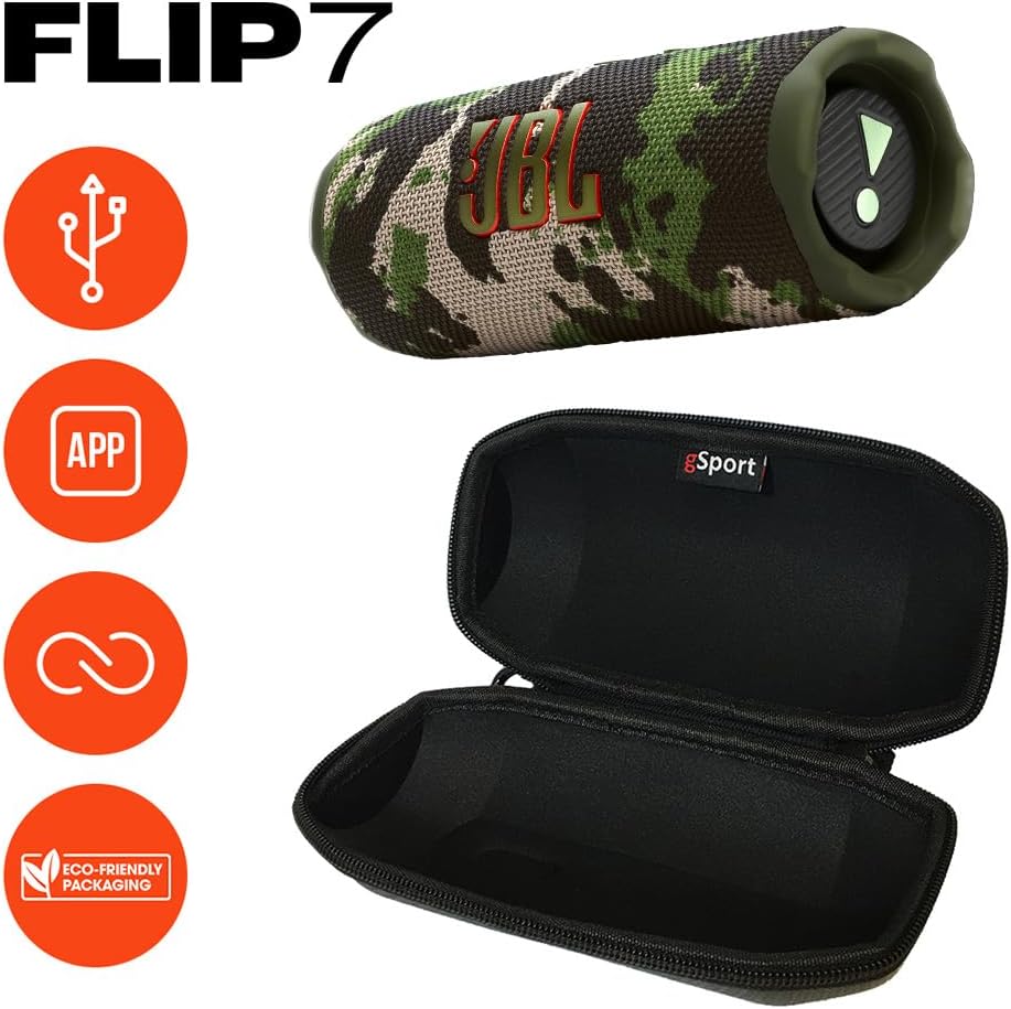 JBL FLIP 7 Waterproof Portable Speaker Bundle with gSport Carbon Fiber Case (Camo)