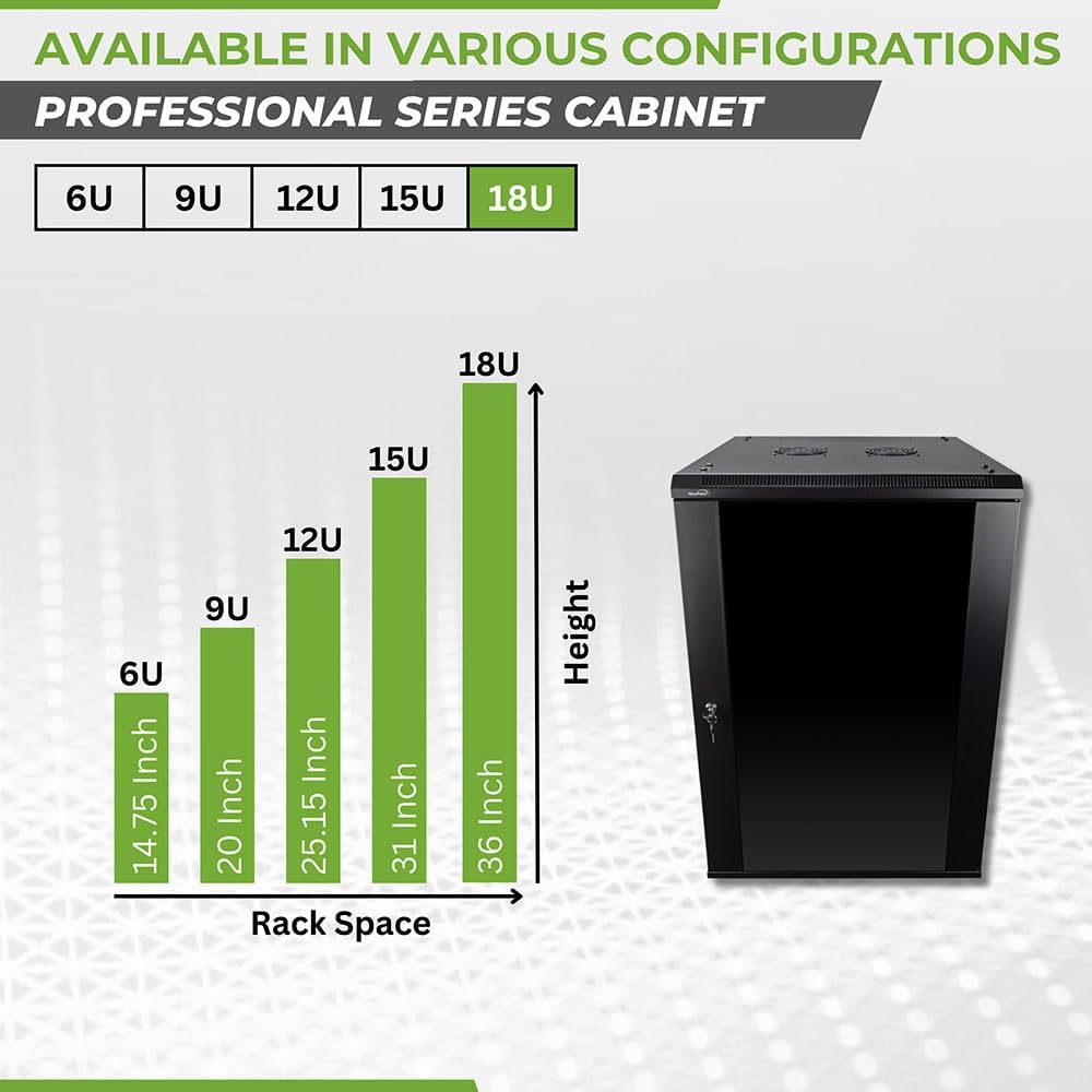 Navepoint 18U Deluxe IT Wallmount Cabinet Enclosure 19-Inch Server Network Rack with Locking Glass Door 24-Inches Deep Black