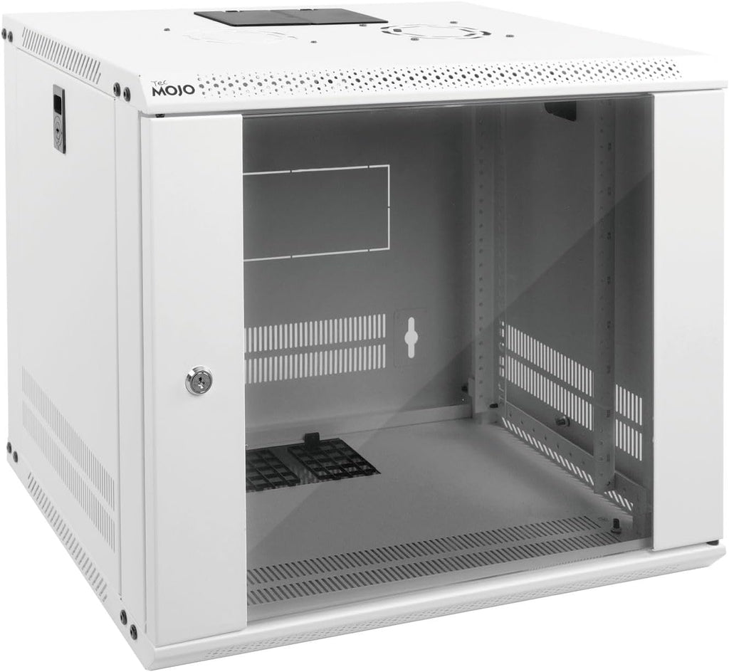 Tecmojo 9U Wall Mount Rack Network Cabinet for 19' IT Equipment,with Lockable Glass Door and Side Panels,Cooling Fan,17.7inch Depth,White,Computer/Electronics Equipment Data Rack