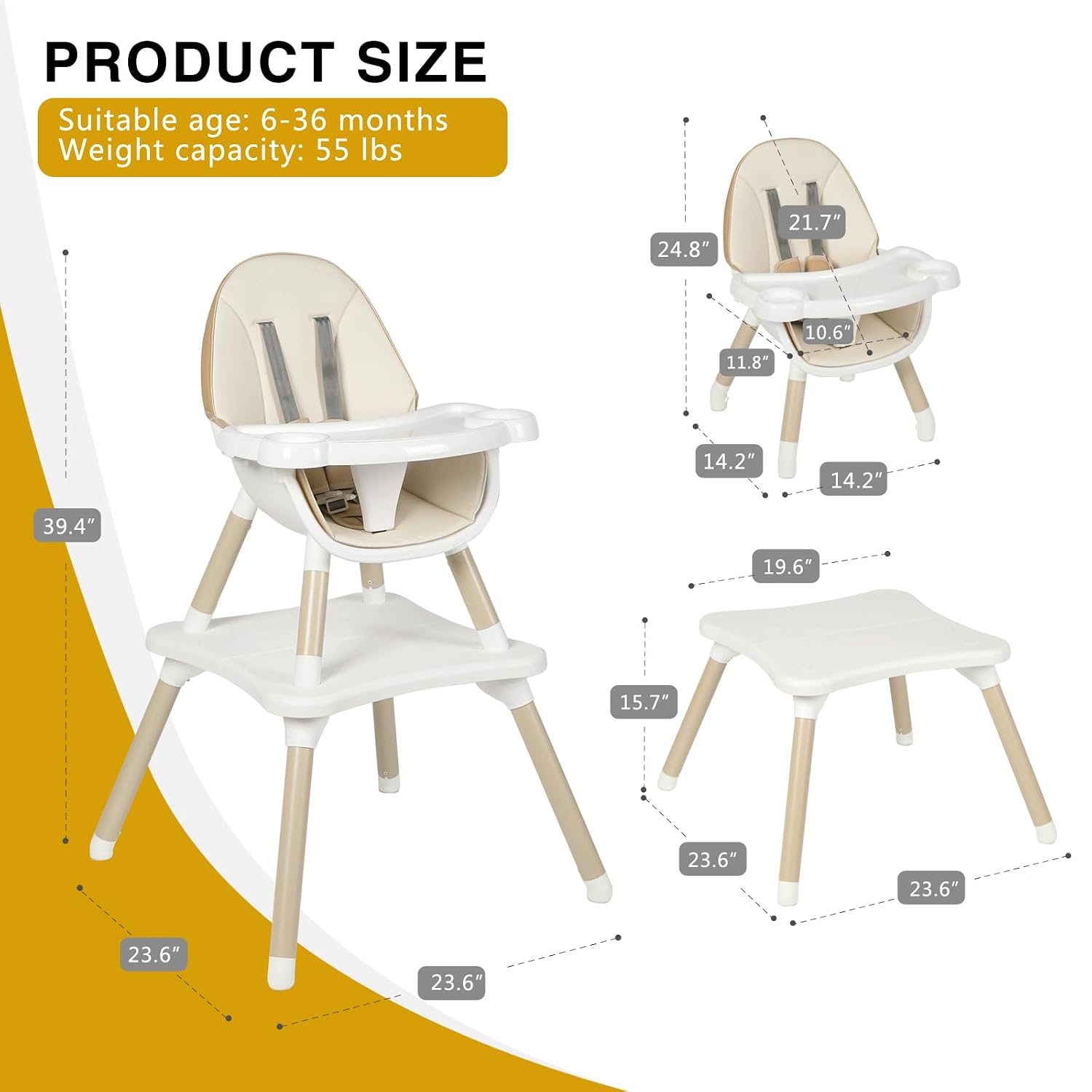 Gofirst 6 in 1 Baby High Chair,Convertible High Chairs for Babies and Toddlers/Booster Seat/Table and Chair Set,Babies Feeding Chair/5-Point Harness,4-Position Removable Tray&PU Cushion Baby Highchair