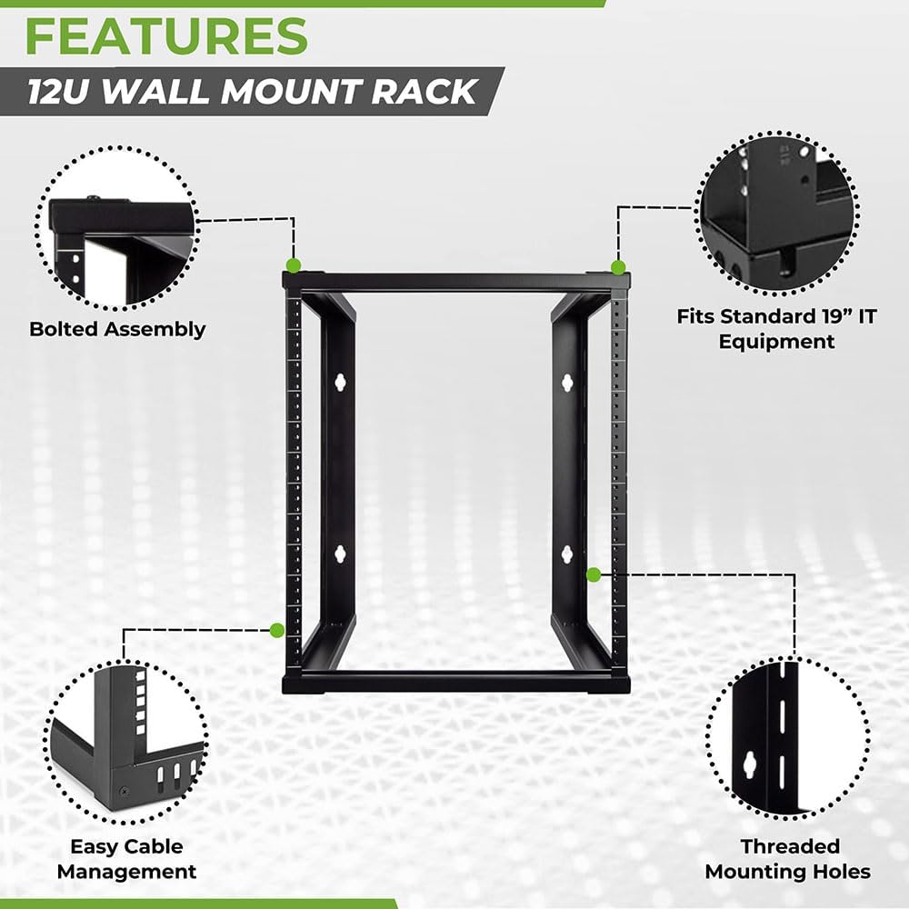 NavePoint 12U Wall Mount Open Frame 19 Inch Server Equipment Rack Threaded 16 inch Depth Black