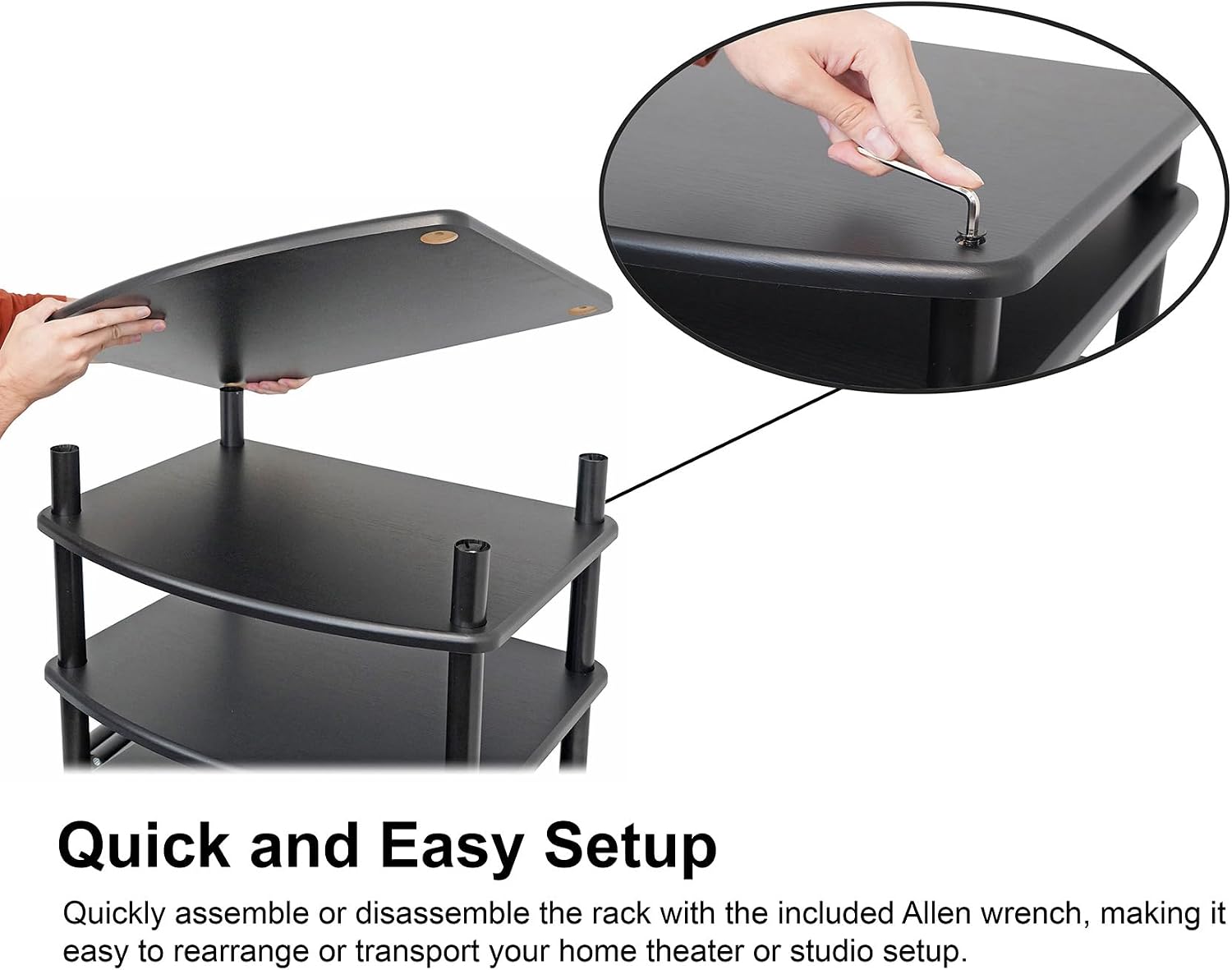 Rockville FLX Black Adjustable Height 4 Shelf Home Theater Audio Rack Stand, 24'x18', 300lb Limit, Steel Tubes, Perfect for Home Theaters, Studios