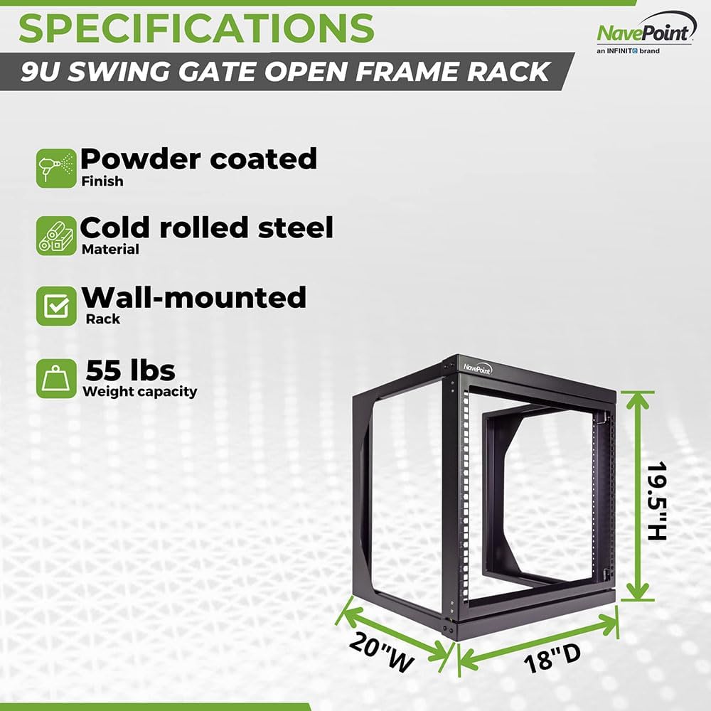 NavePoint 9U Open-Frame Server Rack for 19' IT Network Equipment & A/V Devices Free Standing or Wall Mount with 180 Degrees Gate Swing, Black