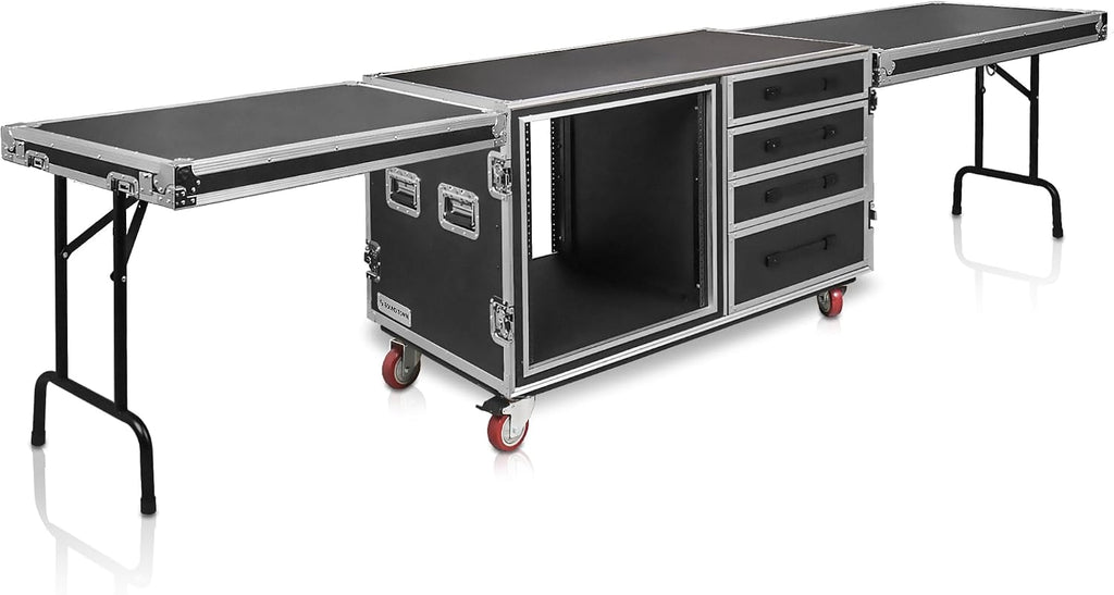 Sound Town Heavy-Duty 1/2' (12mm) Plywood Shock Mount 12U Workstation Rack Case with 4 Drawers and 2 Tables for Customizable Stage and Studio Equipment Storage, Pro Tour Grade (STRC-SP12U4DT2)