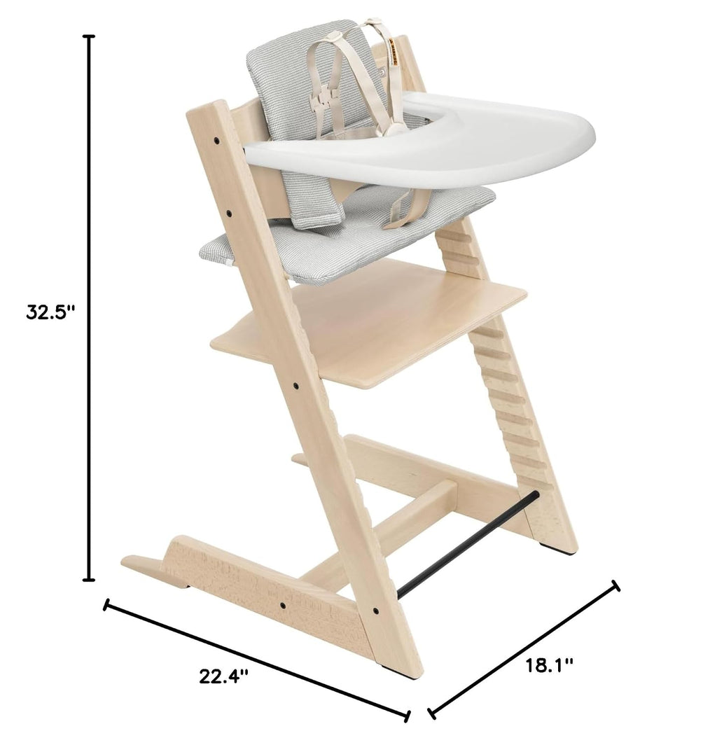 Stokke Tripp Trapp High Chair 2 (Natural), Cushion 2 (Nordic Grey) + Stokke Tray (White) - Includes Chair + Baby Set with Removable Harness for Children 6-36 Months