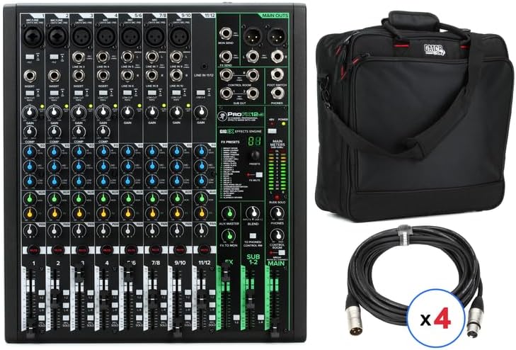 Mackie ProFX12v3 12-Channel Professional Mixer with Built-In Effects, USB Interface, Gig Carry Bag, and XLR Microphone Cables for Live Sound, Recording, Streaming, and Podcasting