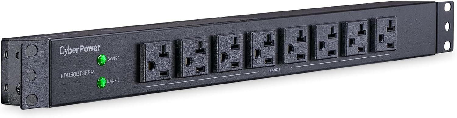 CyberPower PDU30BT8F8R Basic PDU, 100 – 125V/30A (Derated to 24A), 16 Outlets, 12 Foot Power Cord, 1U Rackmount
