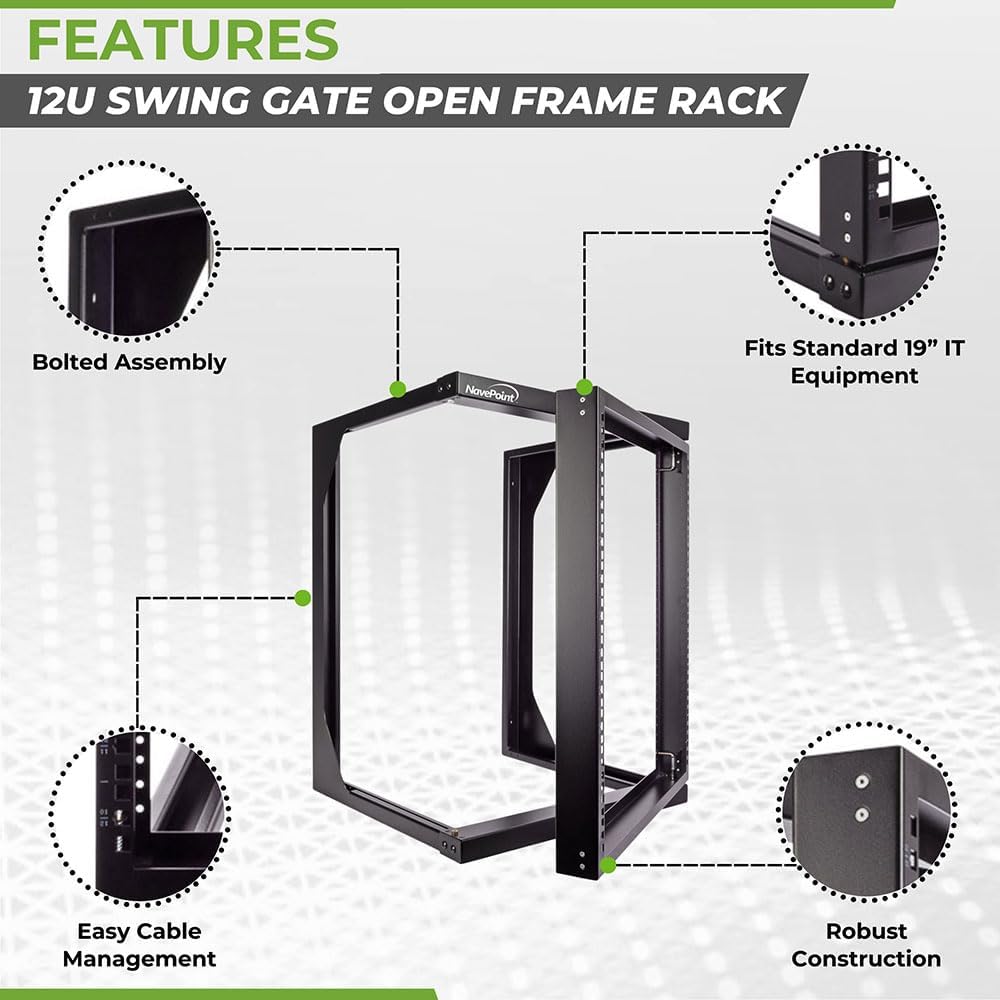 NavePoint 12U Open Frame Server Rack for 19' IT Network Equipment & A/V Devices, Free Standing or Wall Mount Rack with 180 Degrees Gate Swing, Black