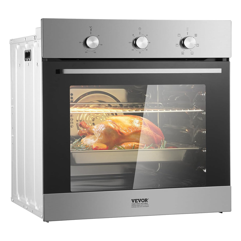 VEVOR Single Wall Oven, 2.68 Cu.Ft Electric Wall Ovens with Timer, 24' Built-in Electric Wall Oven with 6 Cooking Functions, Mechanical Knob Control Convection Wall Oven with Baking Rack and Tray