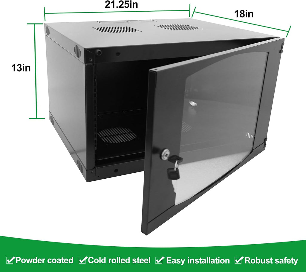 6U Server Cabinet Wall Mount Rack Enclosure with 2 Server Fans Locking Glass Door Removable Side Panels 19in Network Cabinet 13' Installation Depth for Computer/Audio Video/Data Equipment(13INCH, 6U)
