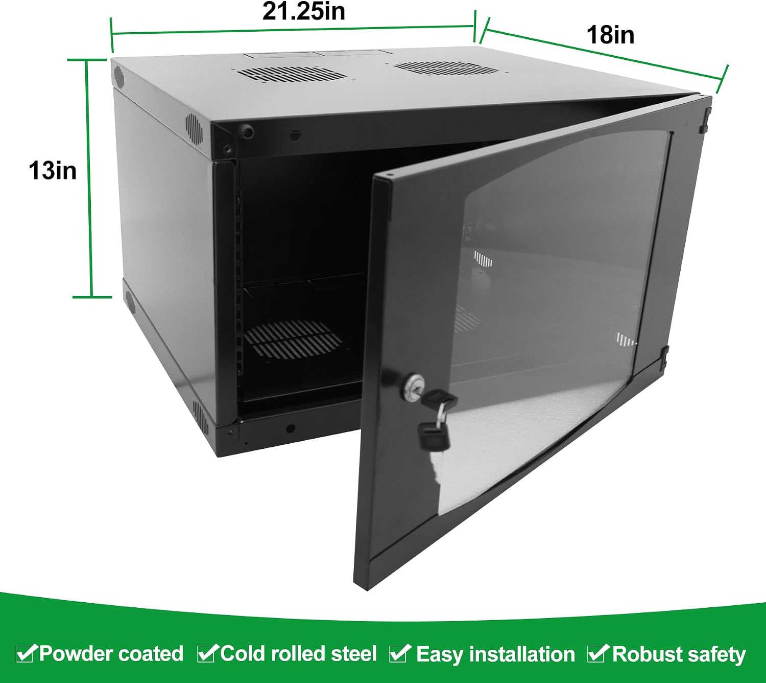 6U Server Cabinet Wall Mount Rack Enclosure with 2 Server Fans Locking Glass Door Removable Side Panels 19in Network Cabinet 13' Installation Depth for Computer/Audio Video/Data Equipment(13INCH, 6U)