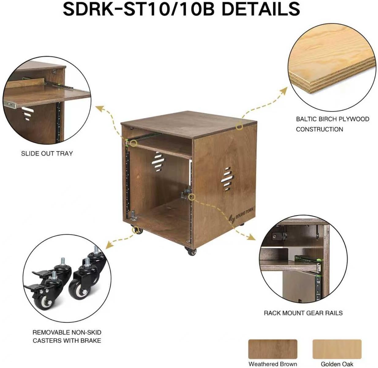 Sound Town 10U Solid Baltic Birch Plywood Studio Rack Desk with Slide-Out Tray, Rubber Feet, Casters, for Recording, Podcasts, Broadcasts, Streaming, Weathered Brown (SDRK-ST10B)