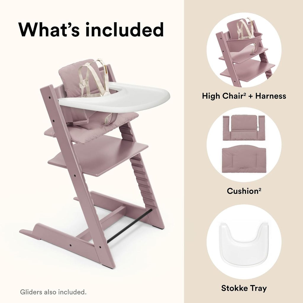 Stokke Tripp Trapp High Chair 2 (Heather Mauve), Cushion 2 (Heather Mauve) + Stokke Tray (White) - Includes Chair + Baby Set with Removable Harness for Children 6-36 Months