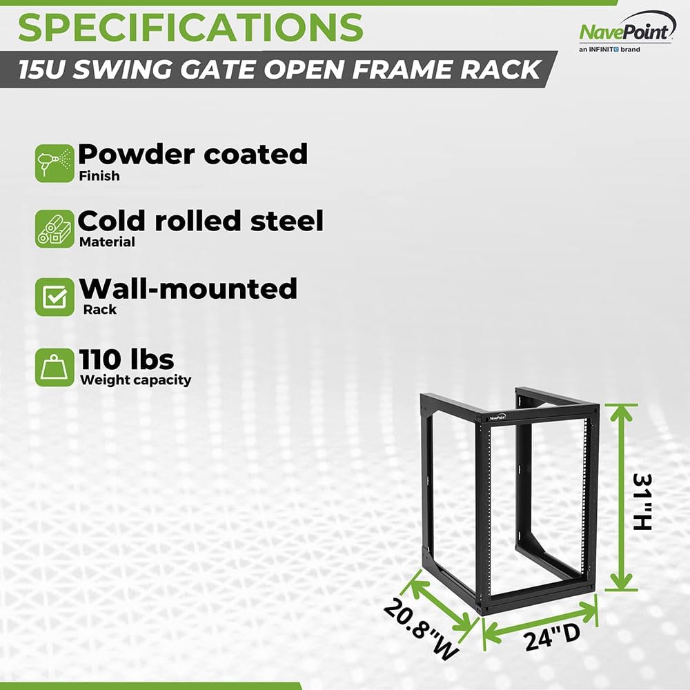NavePoint 15U Server Rack with Swing Gate - Wall Mount Rack for 19 Inch IT & AV Equipment - 24' Deep, Black