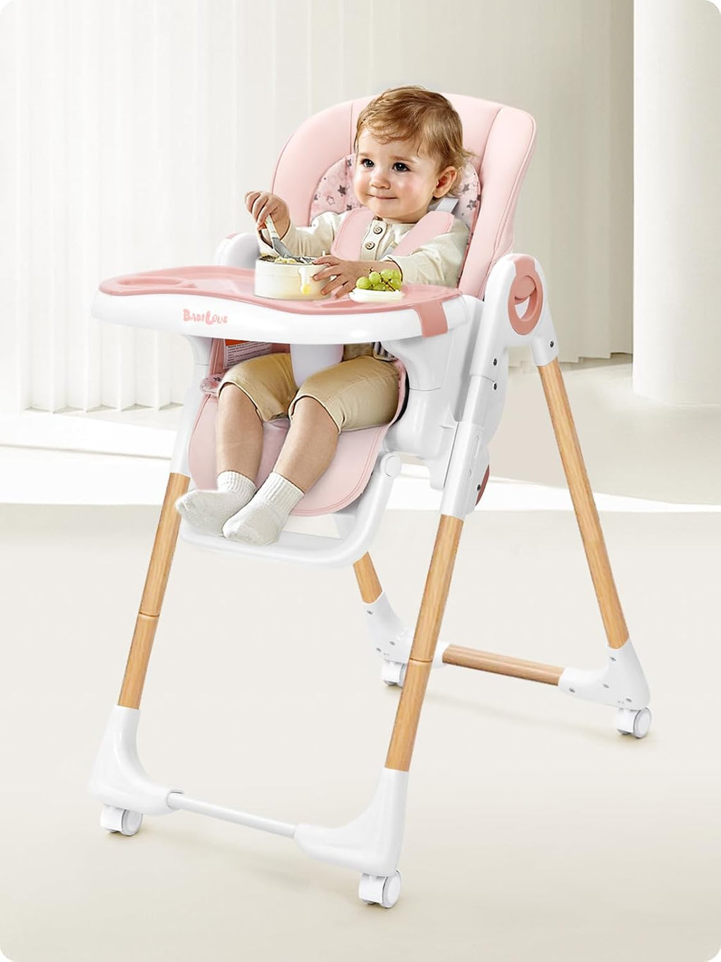 Babilous Foldable High Chair with Soft Cushion, High Chairs for Babies and Toddlers, Height Adjustable Feeding Chair, Adjustable Backrest and Footrest, Lockable Wheels, Woodgrain Star Pink