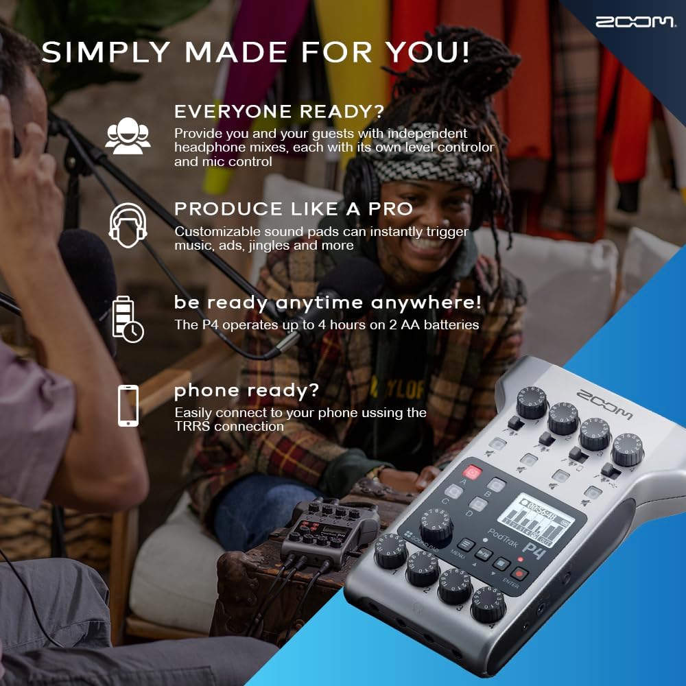 Zoom PodTrak P4 Portable Multitrack Podcast Recorder, Audio Interface w/ 4 Mic Inputs, 4 Headphone Outputs with 64GB SD, 4X Zoom Podcast Mic Pack, 4X Pop Filter Set, 4AA Rechargeable Batteries & More