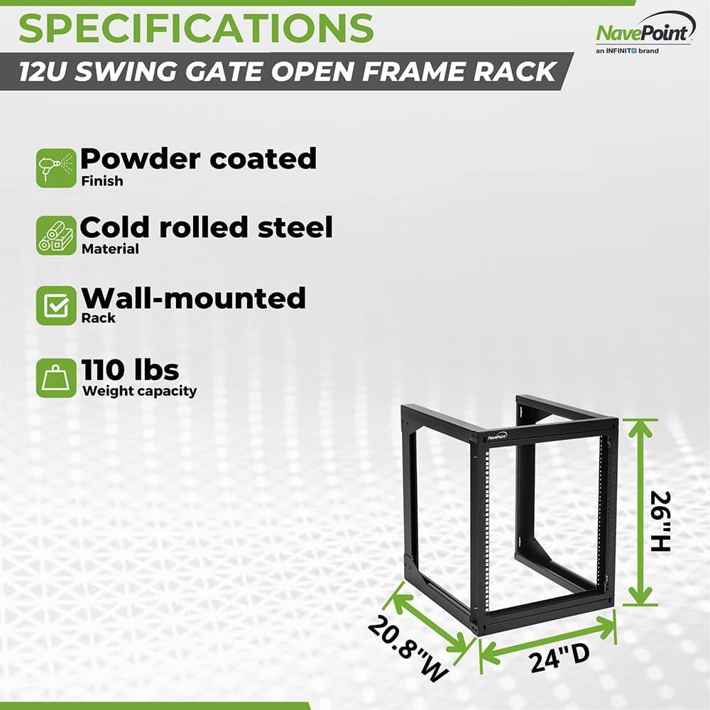 NavePoint 12U Wall Mount Server Rack - Swing Gate Open Frame for 19-Inch IT Equipment - Network Rack for AV & Server Equipment, 24' Deep, Black