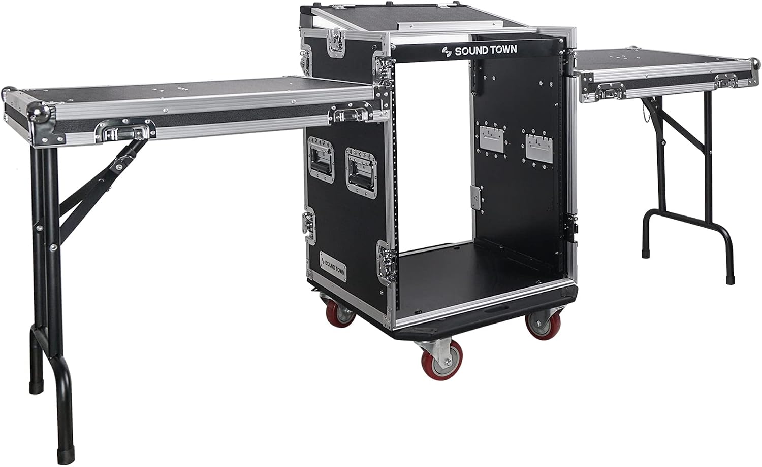 Sound Town Heavy-Duty 1/2' (12mm) Plywood 14U PA DJ Rack/Road ATA Case with 11U Slant Mixer Top, 20'' Rackable Depth, 2 DJ Work Tables and Casters, 14-Space Size, Pro Tour Grade (STMR-14UWT2)