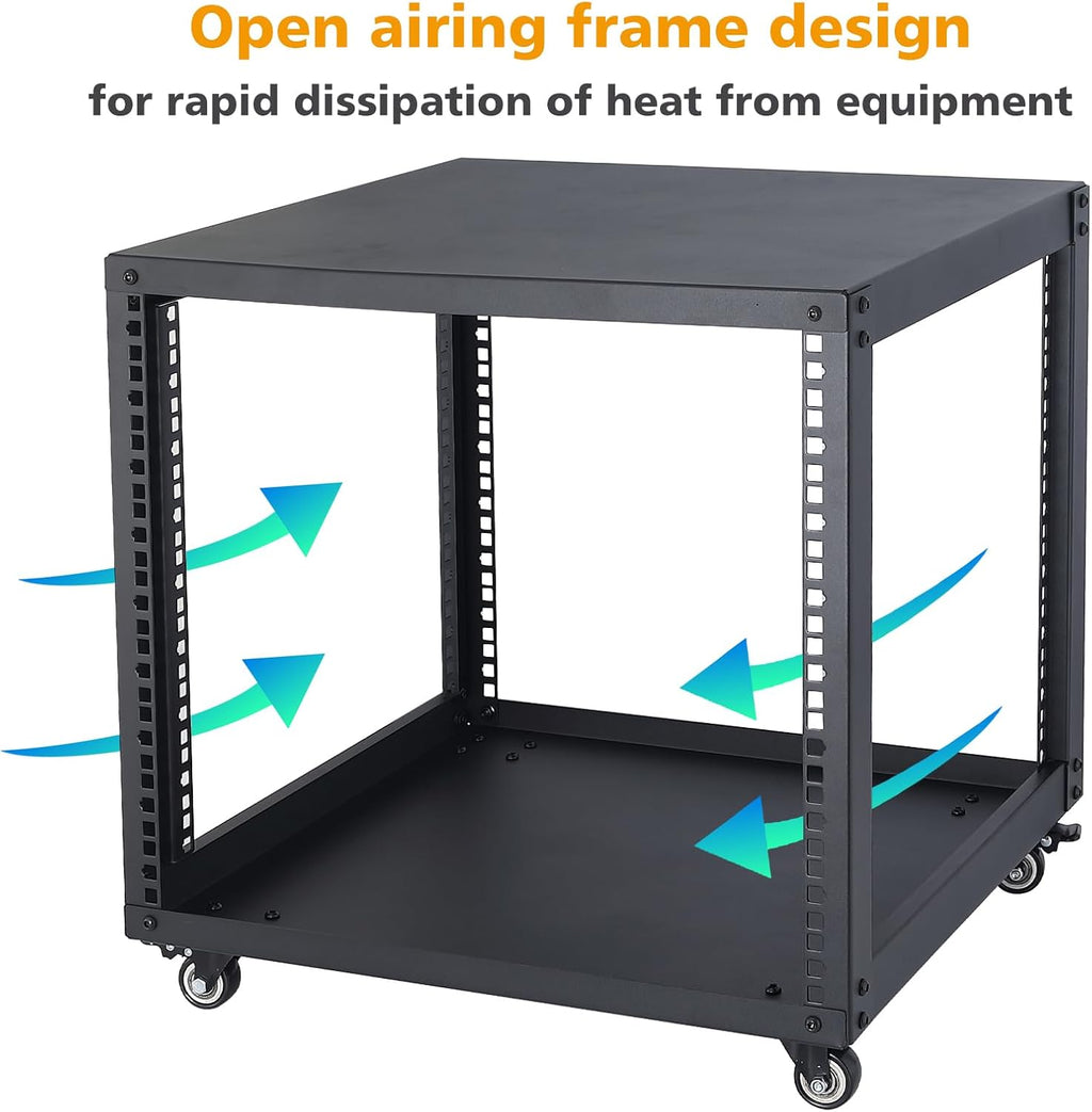 SC02 9U 19' Open Frame Network Server AV Gear Equipment Rack Mobile Storage Cabinet with Casters & a Shelf - for HsSome Audio & Video DJ Recording Studio Sound Equipment
