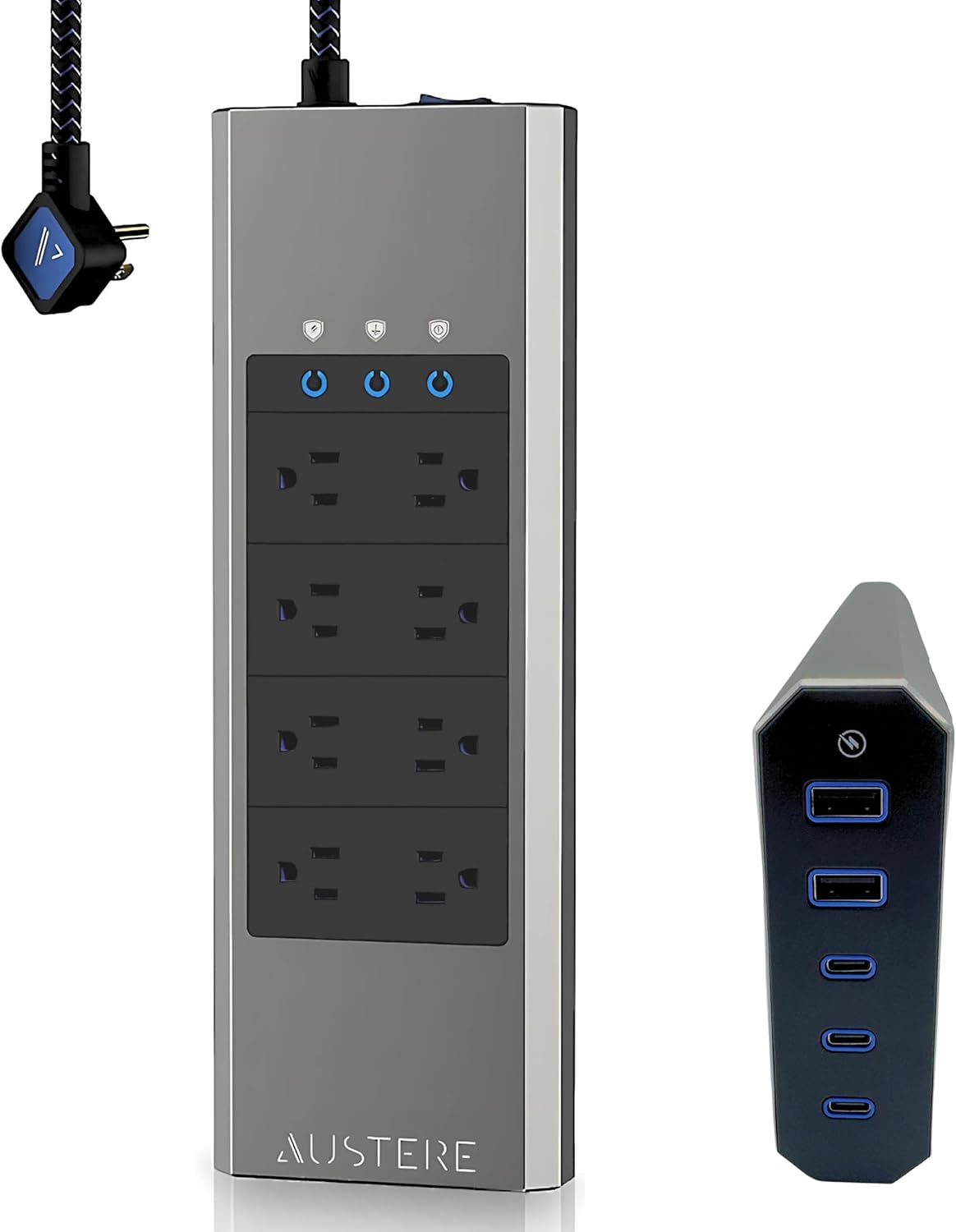 Austere V Series, 8 Outlet Surge Protector Power Strip, 3000 Joules, EMI/RFI Filtering, 3 USB-C and 2 USB-A 2.4 amp Ports, LED Indicators, Overcurrent Protection, 5 Year Component Guarantee