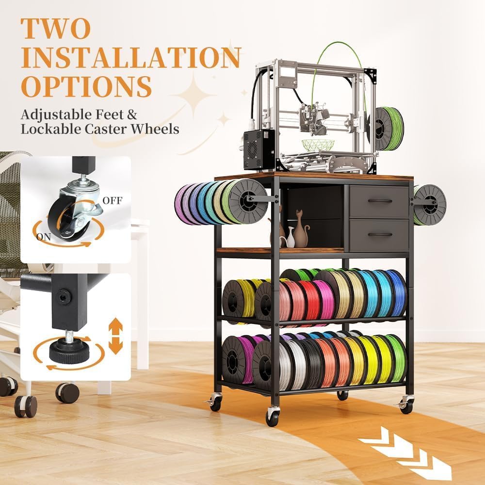 3D Printer Stand with Filaments Storage, Rolling 3D Printer Table Filament Storage Rack with Drawer and Lockable Wheels, Heavy Duty Spool Organizer Rack for Workshop Studio Office