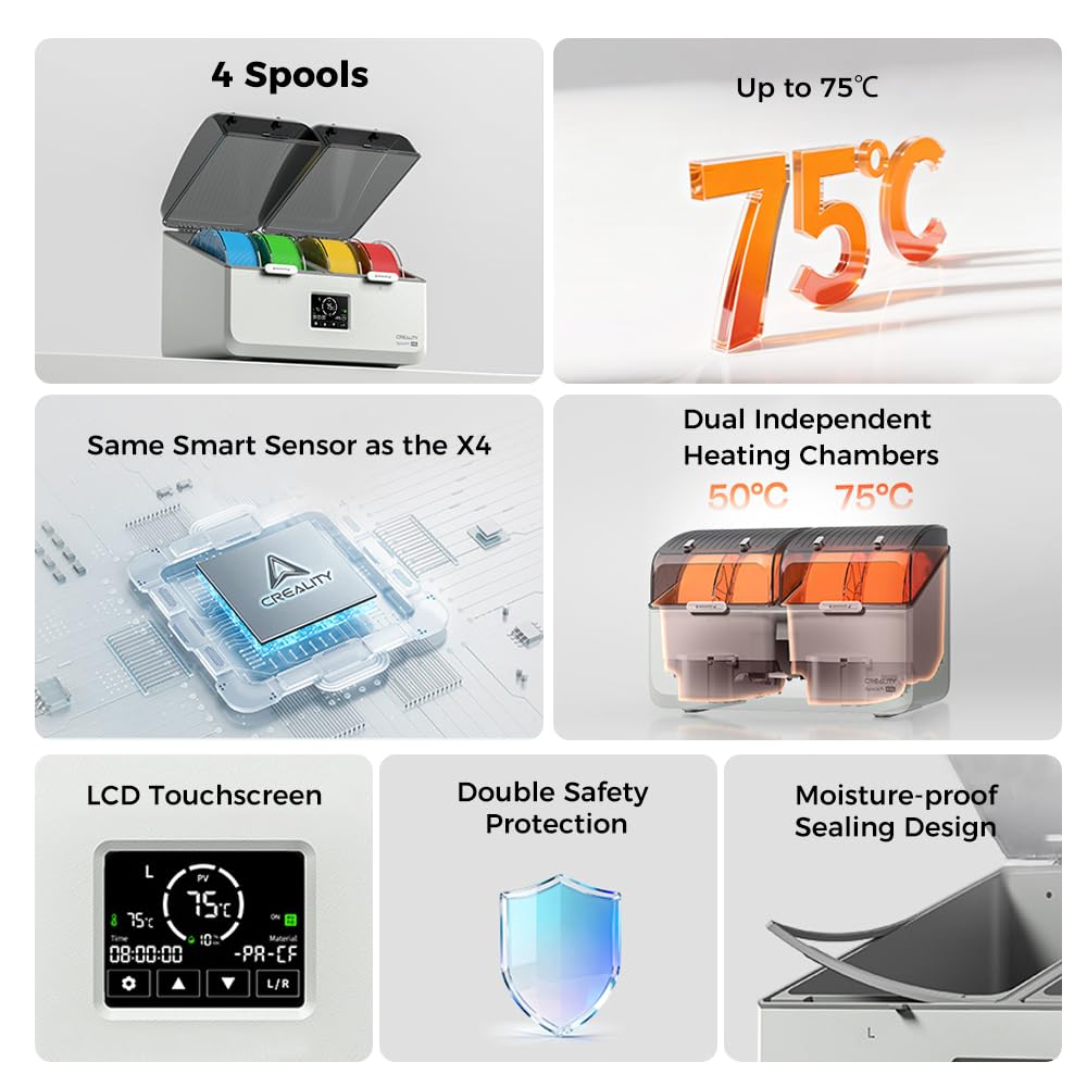 Creality Space Pi X4L Filament Dryer Box,4 Spools Filament Storage Box with Dual Independent Heating Chambers,200W PTC Heats Up to 75°C Rapid Drying for PLA,PETG,TPU,ABS,PET,PC,ASA,PA