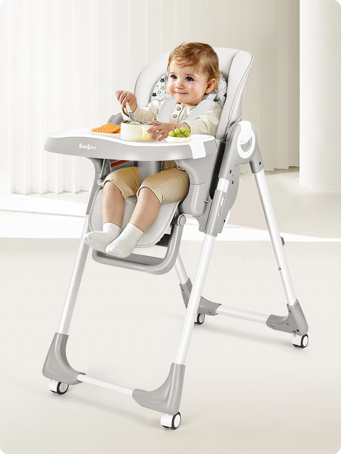 Babilous Foldable High Chair with Soft Cushion, High Chairs for Babies and Toddlers, Height Adjustable Feeding Chair, Adjustable Backrest and Footrest, Lockable Wheels, Star Gray