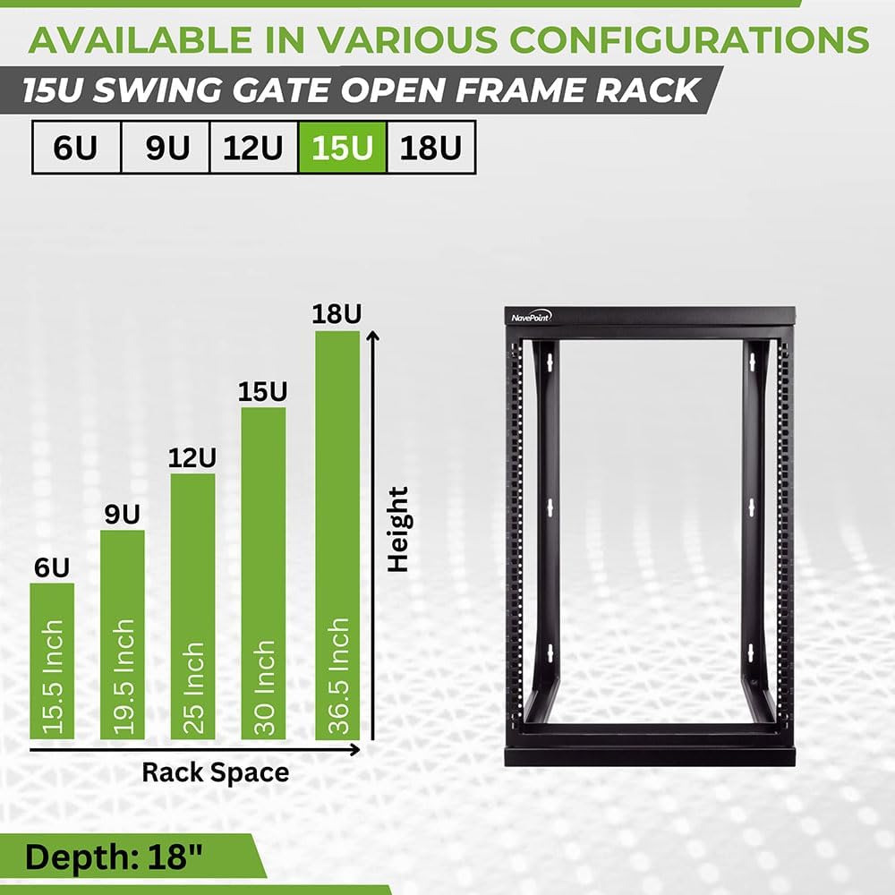 NavePoint 15U Open Frame Server Rack for 19' IT Network Equipment & A/V Devices, Free Standing or Wall Mount Rack with 180 Degrees Gate Swing, Black