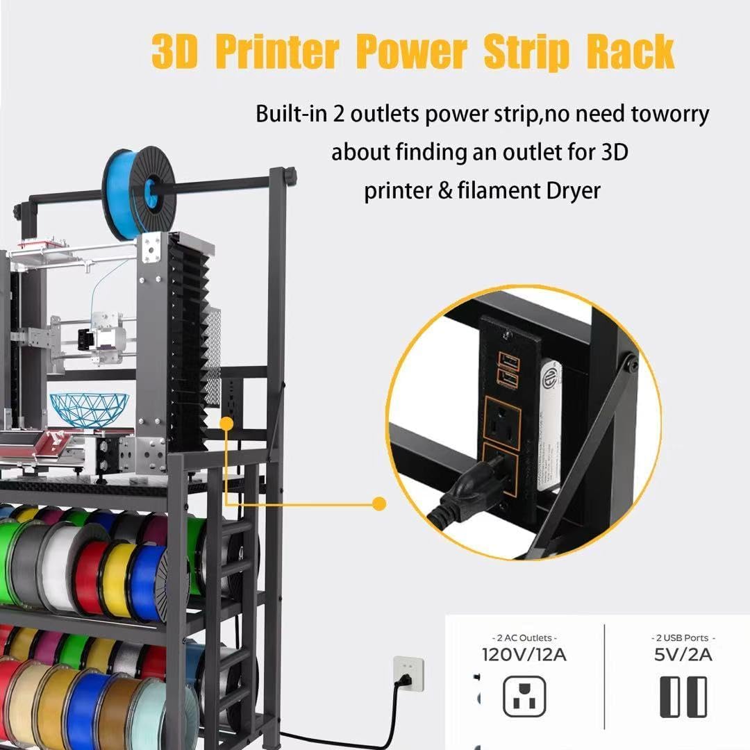 3D Printer Table with Filament Storage Printer Stand with Power Outlet,Heavy Duty 3D Printer Storage rack for ABS, PLA, TPU Filament Spools, Home Offices and Studios Carbon Fiber Black