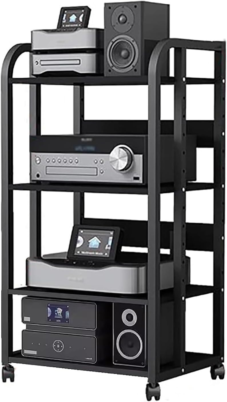 WDJBPSH Rolling Audio Equipment Storage Cart, Heavy Duty Media Rack with Height Adjustable Wooden Shelf, Office Bedroom Living Room Av Stereo Rack, Space-Saving (Size : 4 Tier-H100cm/39.3in)