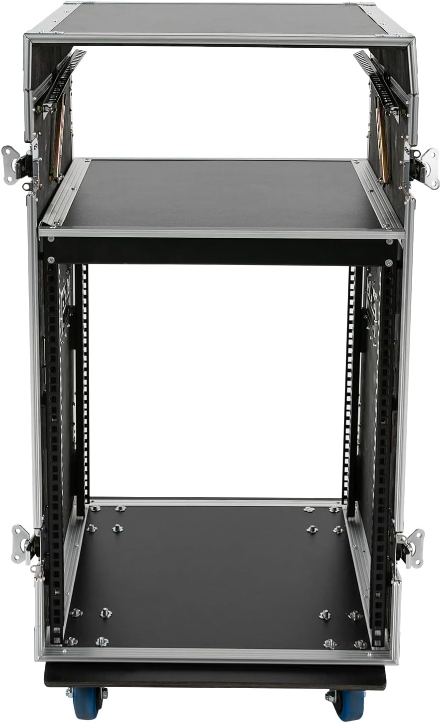 14U PA DJ Pro Audio Rack/Road ATA Case with DJ Work Table Top, Heavy-Duty Plywood Av Rack Case with Casters, Mobile 2 Tiers Studio Rack for Storing Electronic Equipment, Metal Corners