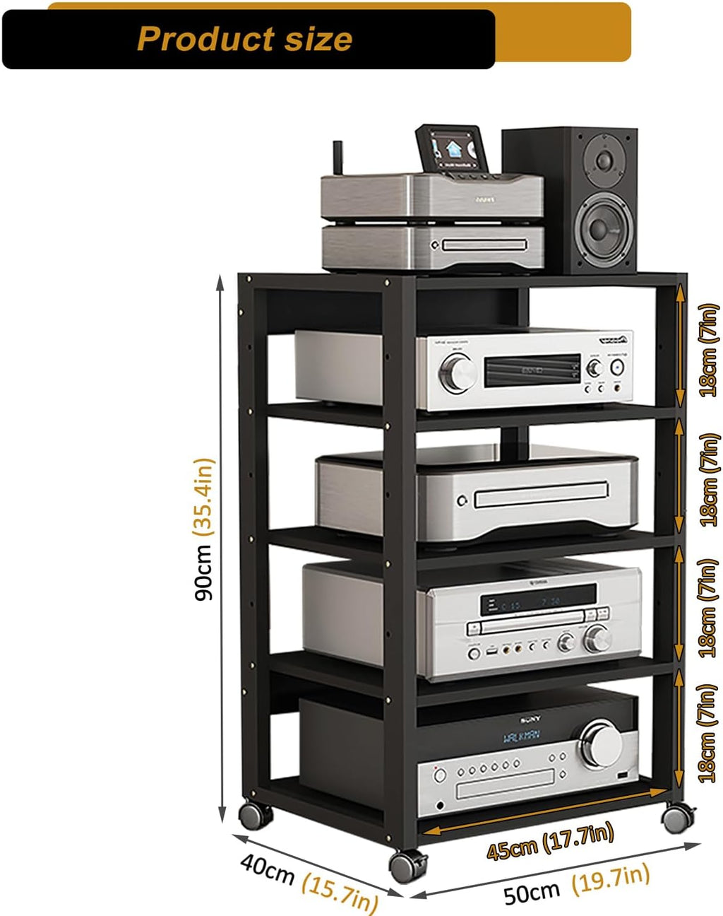 5 Tier AV Media Stand, Audio Rack Tower Stereo Components Cabinet, Home Theatre CD Record Player Stereo Receiver Equipment Rack with Adjustable Wood Shelves, Load 220lbs (Black)