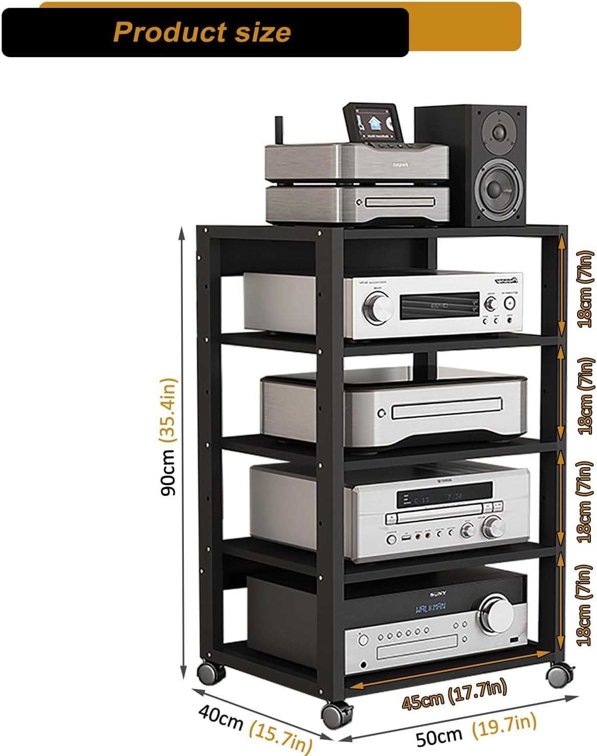 5 Tier AV Media Stand, Audio Rack Tower Stereo Components Cabinet, Home Theatre CD Record Player Stereo Receiver Equipment Rack with Adjustable Wood Shelves, Load 220lbs (Black)