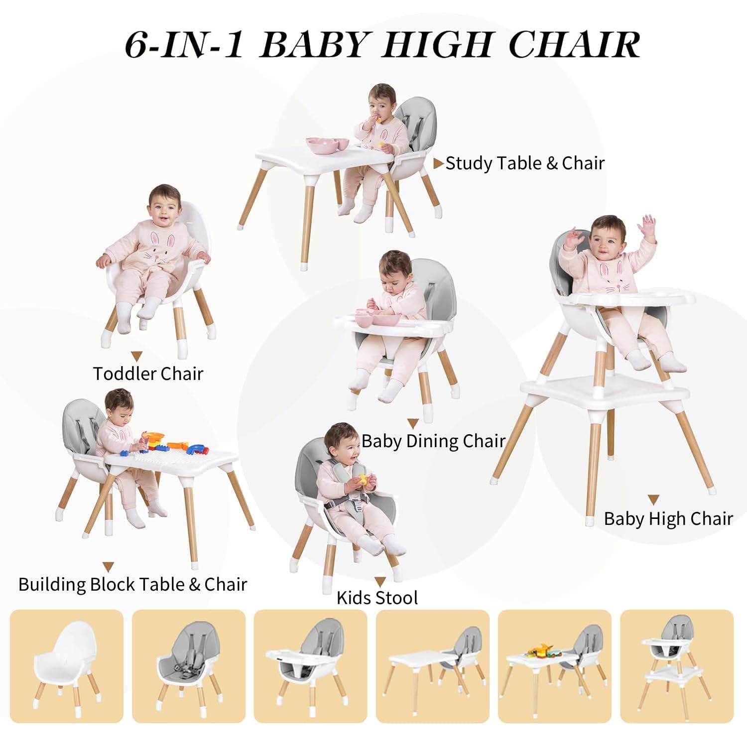 6 in 1 High Chair for Babies & Toddlers, Convertible Wooden Baby Highchair, Table and Chair Set, Baby Feeding Chair, 5-Point Adjustable Harness/4-Position Removable Tray& PU Seat Cushion(Grey)